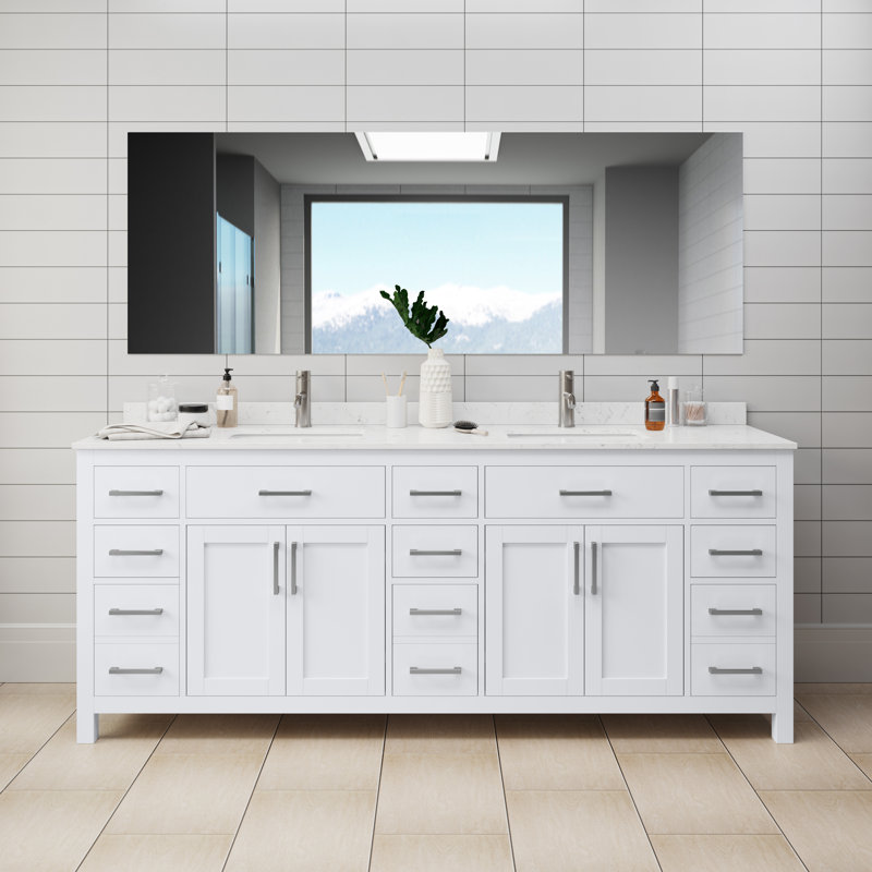 Beckett 84" Freestanding Double Bathroom Vanity with Cultured Marble Top, Carrara Cultured Marble, White, Brushed Nickel