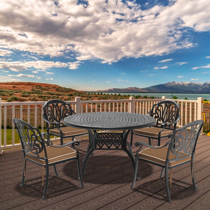 5-Piece Cast Aluminum Patio Furniture Set With Black Frame And Brown Seat Cushions, 4