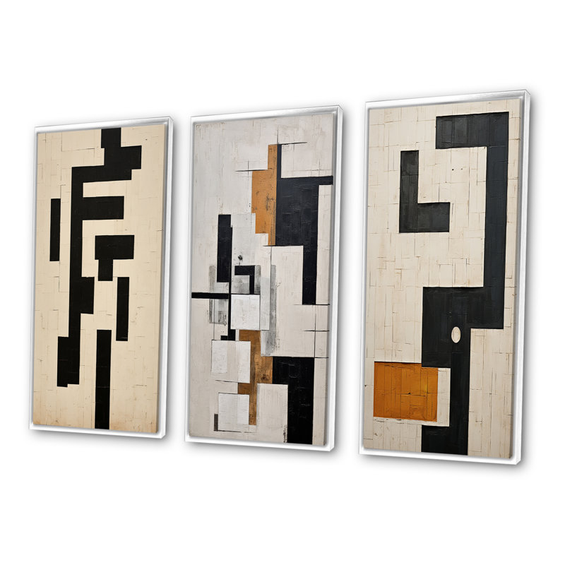 "Nouvel ordre abstrait monochrome I" - 3 pièces, H 28 po x l 36 po, Cadre flottant blanc