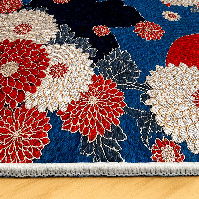 Isabel Collection Digital Print Cotton-Polyester Blue Floral Rug, Rectangle 6'7" x 7'3"