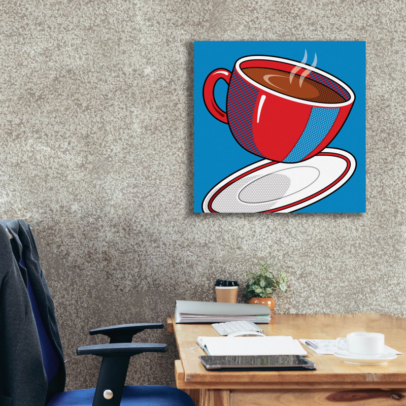 «Red Coffee Cup On Blue on Canvas» par Ron Magnes, reproduction, H 26 po x l 26 po x P 1,5 po