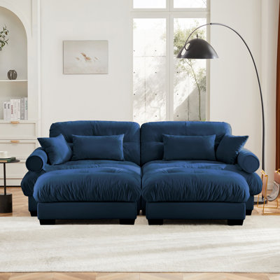 Canapé deux places surdimensionné moderne avec repose-pieds, accoudoirs en velours 2 places avec traversin rond, avec coussin de taille et coussins décoratifs, bleu