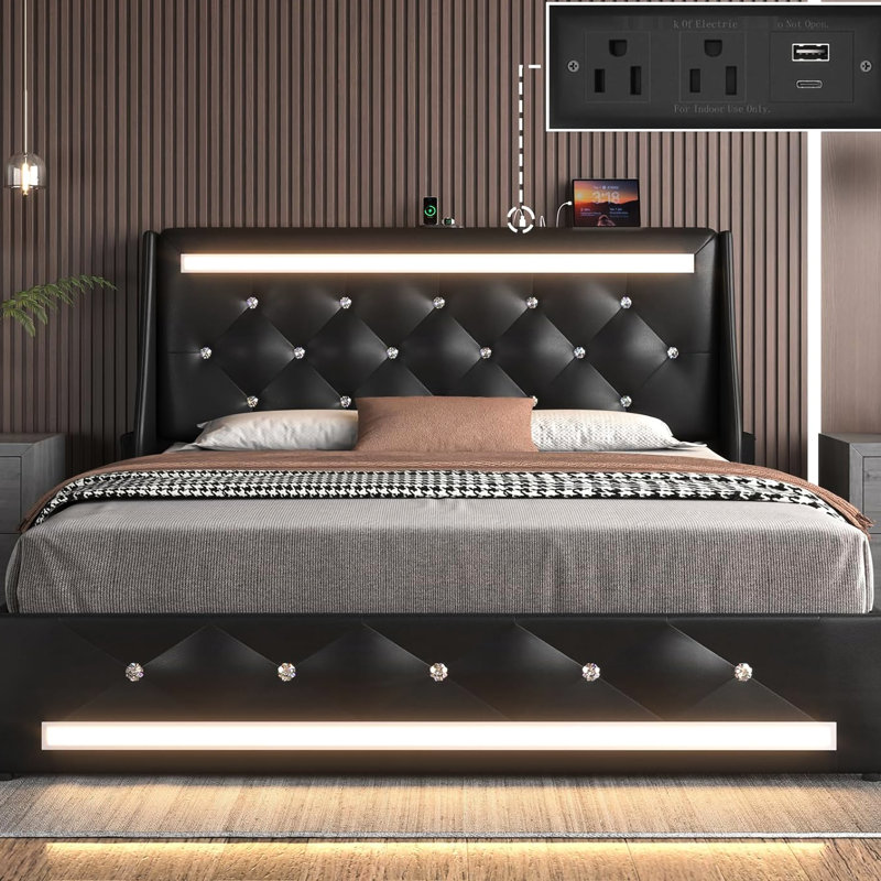 Noir, cadre de lit rembourré, lumières à DEL, charge 4 en 1, tête de lit à losanges, poches de rangement, stable, ports de chargement intelligents et silencieux, lattes en bois, sans sommier, bruit