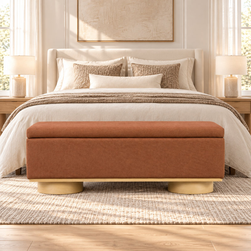 Banquette de rangement moderne capitonnée avec couvercle relevable, pouf d'appoint rembourré avec compartiment intérieur dissimulé et pieds en bois courbés