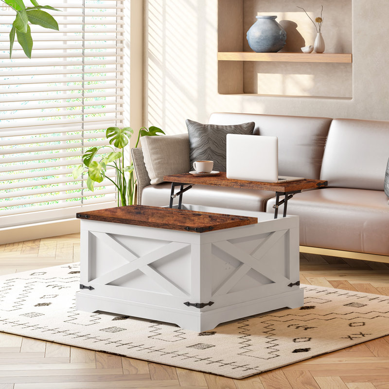 Coffee Table, Multi-Functional Lifting Dining Table Coffee Table, Wood Square Center Table With Hidden Compartments For Living Room Office Reception Room, Vintage White