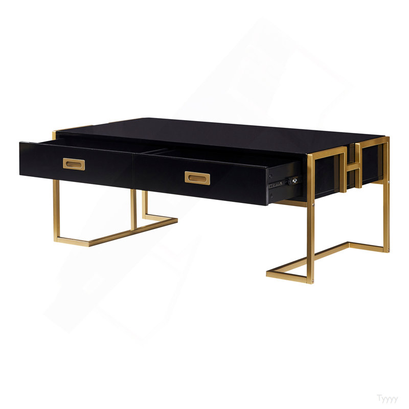 Modern Rectangular Coffee Table With 4 Drawers And Gold Base In 47.3", Black