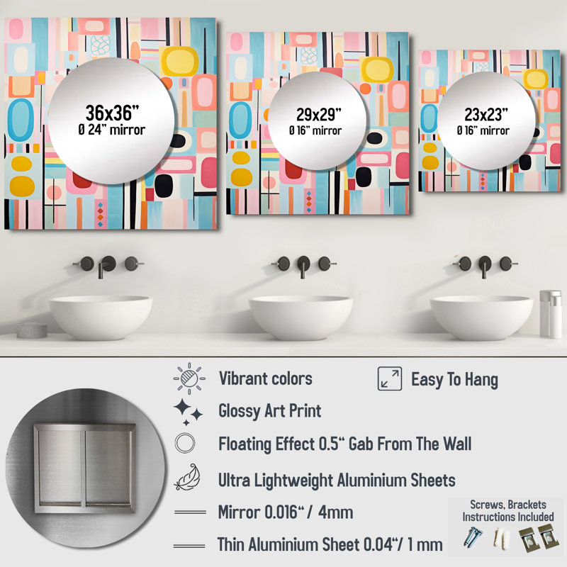 Rose Mid Century Playful Patterns V - Grand miroir carré abstrait pour décoration murale, 23 po x 23 po
