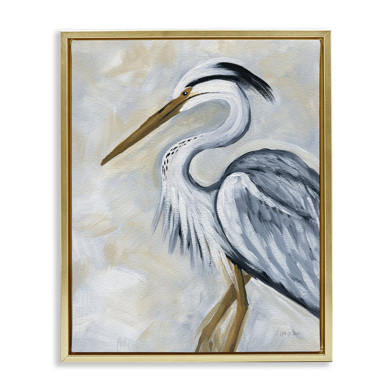 Art mural sur toile flottant avec héron bleu par Mette, Cadre flottant métallique doré, H 31 po x l 25 po