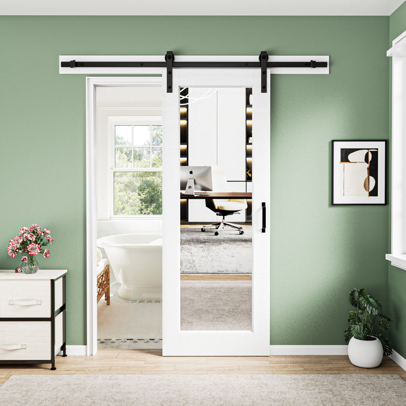 White Primed Glass Mirrored And Solid Wood With Installation Hardware Kit Barn Door(No Assembly Required), 32" x 80"