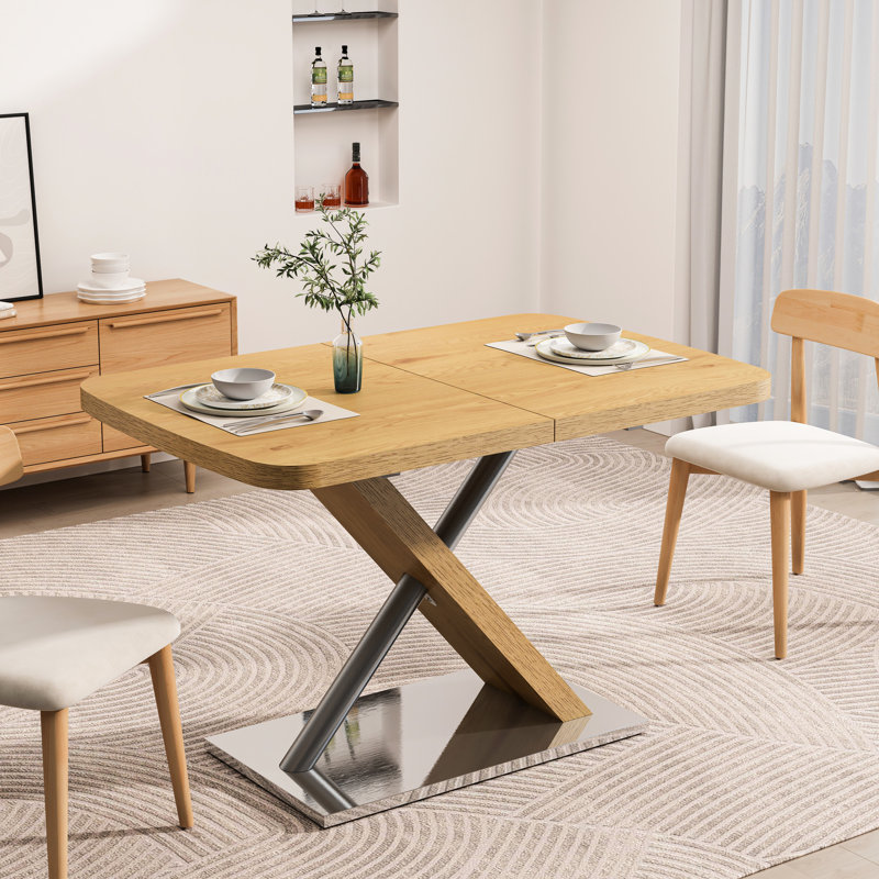 Table de salle à manger extensible 63 ", ton naturel, sièges 4-6, et matériau en acier carré 6 47,25" -63 ", finition naturelle + structure