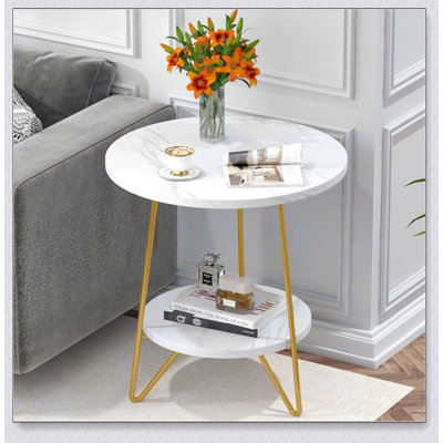 Table de bout ronde en faux marbre 18,7 po, table d'appoint blanche et dorée à 2 niveaux, petite table basse ou table de chevet moderne pour salon, chambre à coucher, appartement