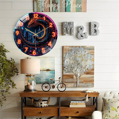 Neon Dragon Wall Clock with Urban Skyline Design Art - 12'' Modern Glass Wall Clock