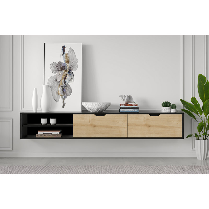 Savya 71" Wall Mounted Floating Entertainment Media Console, Wooden Black-Oak