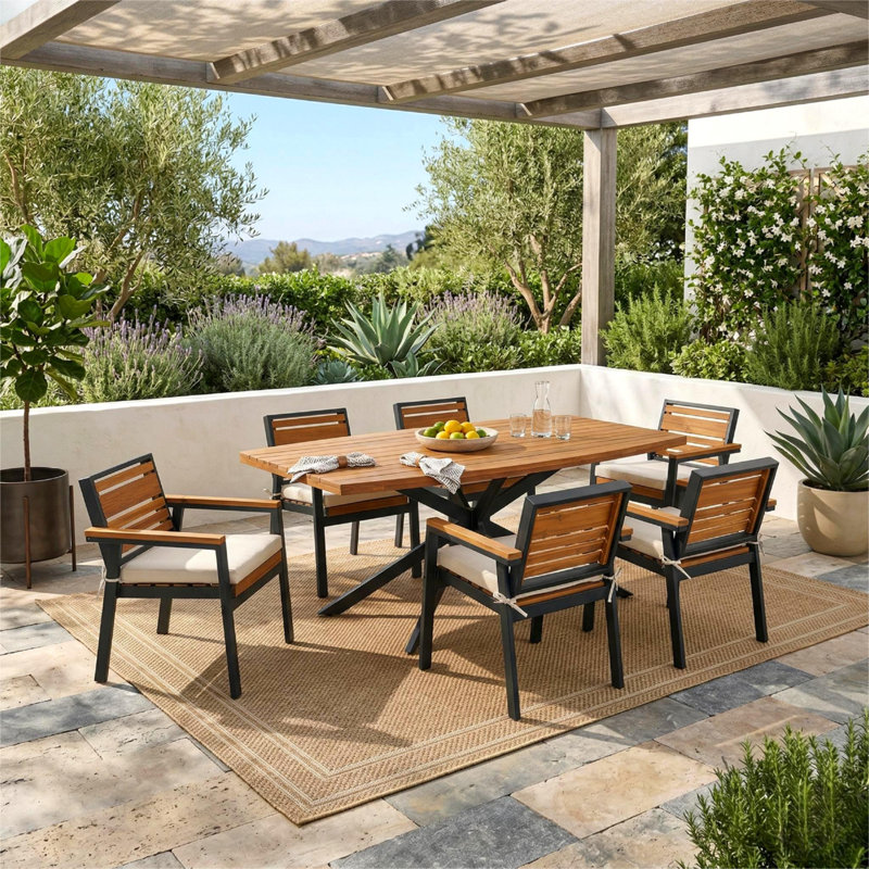 Modern 7-Piece Dining Set, Acacia Wood with Iron Frame, 6 Chairs with Dual-Layer Iron & Wood Seat Frame and Detachable Cushions, Outdoor/Indoor Furniture for Patio and Garden, Beige