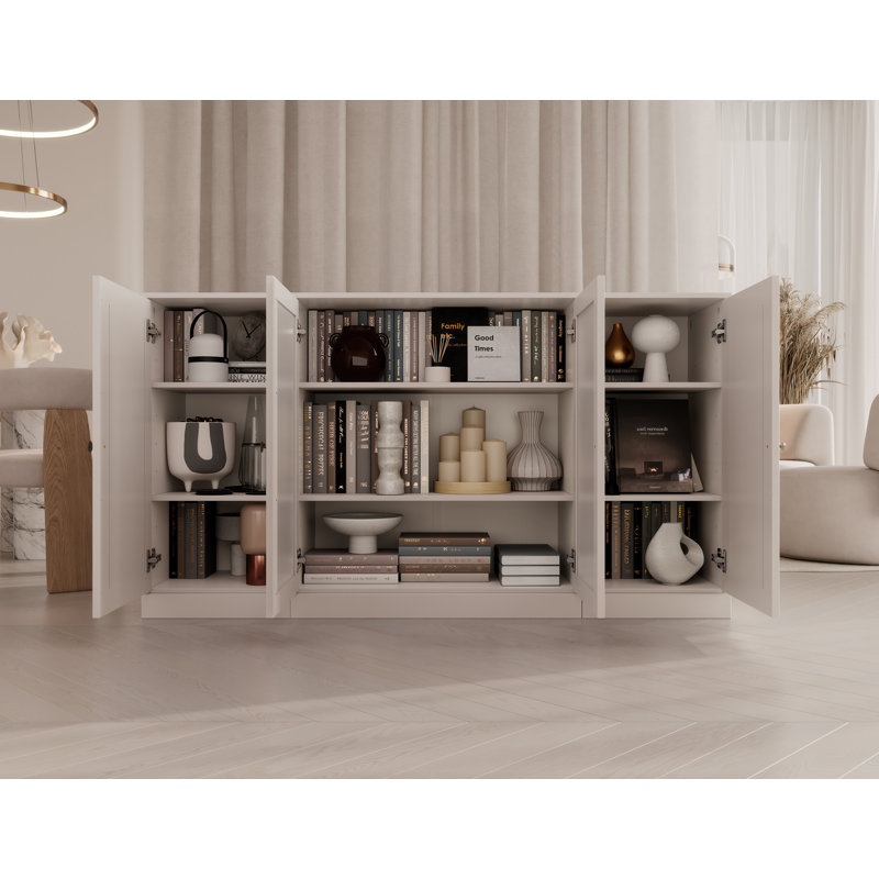 100% Solid Wood 65" Sideboard with Solid, Frosted Glass Doors and Adjustable Shelves, White