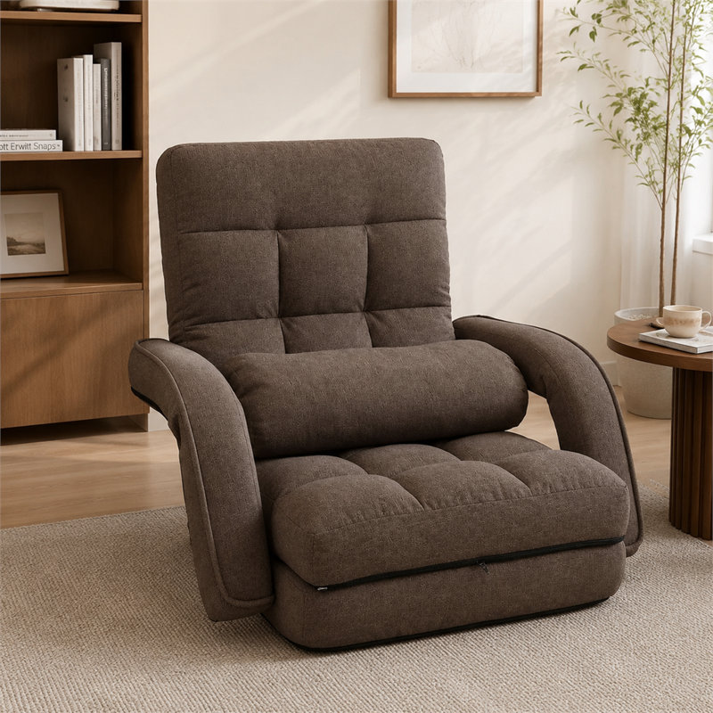 Méridienne réglable à 14 positions, pliable, avec accoudoirs et coussin, tissu en lin, brun, Lin brun, Brun