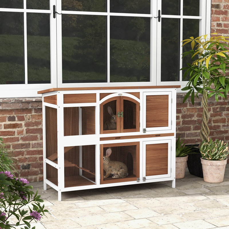 Rabbit Hutch Guinea Pig Hutch 2-Tier Wooden Cage with Ramp Roof Brown