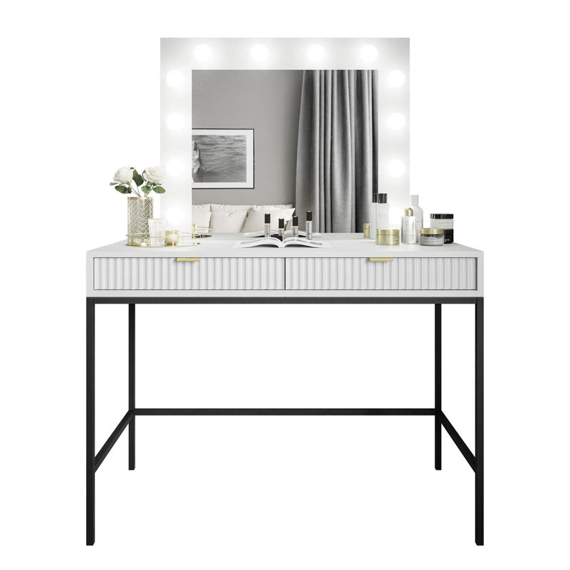 Aldonia Dressing Table with Mirror, White/Black