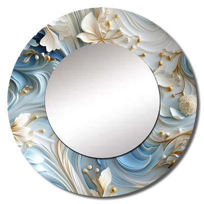 Ryeisha Ethereal Rococo Swirls Victorian Pattern - Floral Mirror, Blue Round Unique Wall Mirror, Printed Metal Art