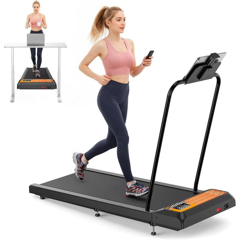 Tapis de marche compact avec poignée amovible, inclinaison de 8% et support pour application, orange