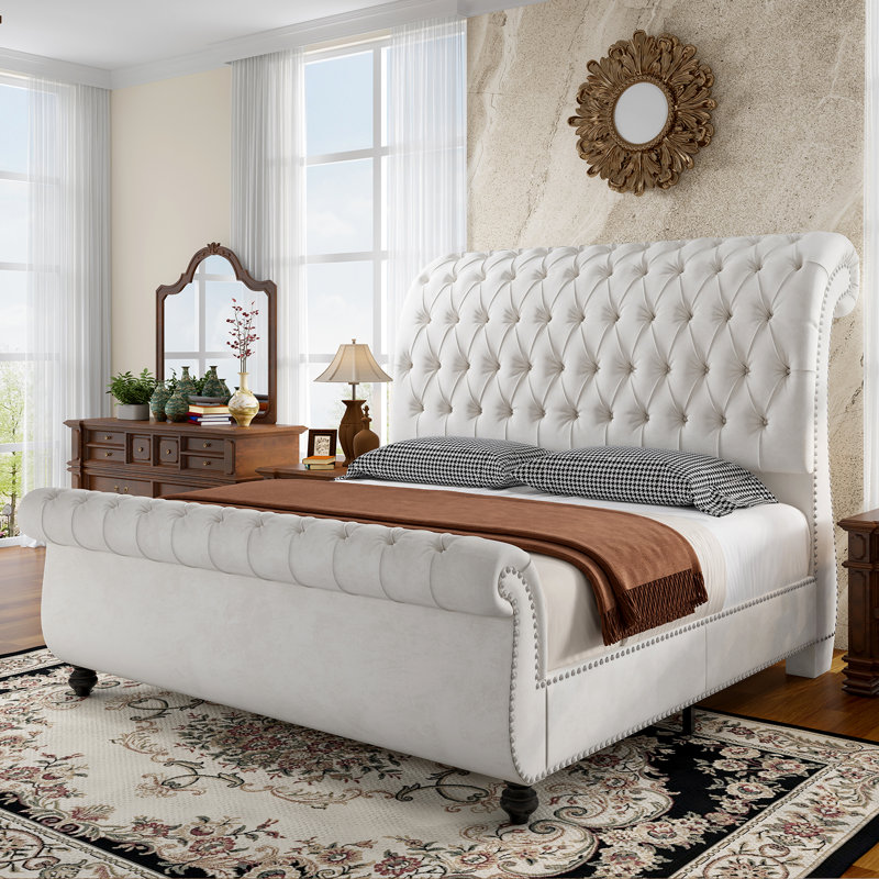 Tufted Upholstered Platform Bed, White
