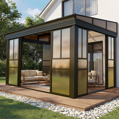 8' X 12' Sunroom Gazebo, Polycarbonate Roof Outdoor Solarium With Sliding Door & Adjustable Window Panels, Enclosed Patio Sunroom With Mesh Screens