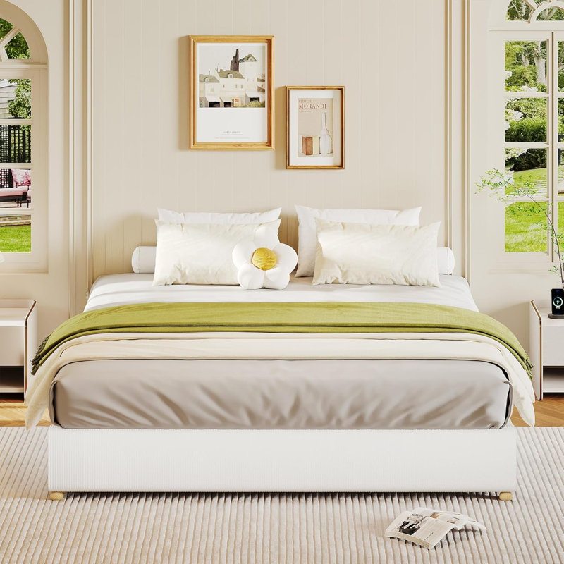Cloud Bed Frame, Upholstered Platform Bed with Wood Legs, White, Queen