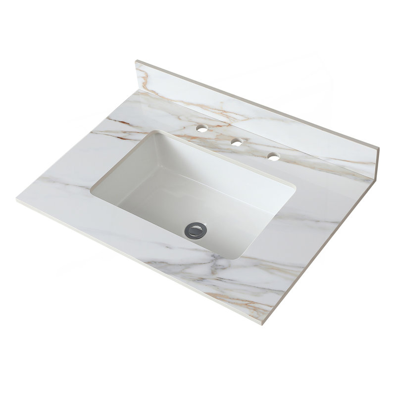 Comptoir de meuble-lavabo en marbre 31 po, comptoir de salle de bain avec lavabo central encastré rectangulaire et dosseret de 4 po de hauteur, comptoir pré-percé de 8 po à trou de robinet, blanc de Carrare avec veines