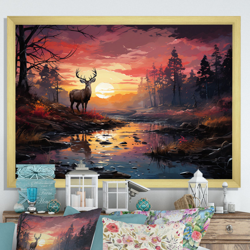 «Deer Enchanted Twilight II», reproduction sur toile, H 24 po x l 32 po x P 1 po, Cadre doré à une seule photo
