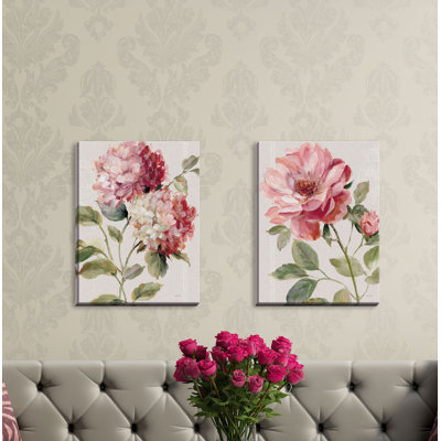« harmonieuse rose & hortensia lin » par lisa audit, ensemble de 2 reproductions d’art sur toiles