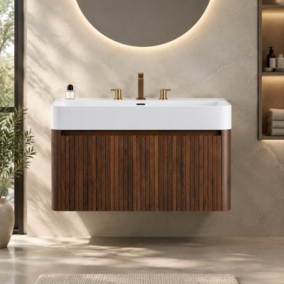 Meuble-lavabo suspendu de 91 cm avec lavabo intégré en surface solide