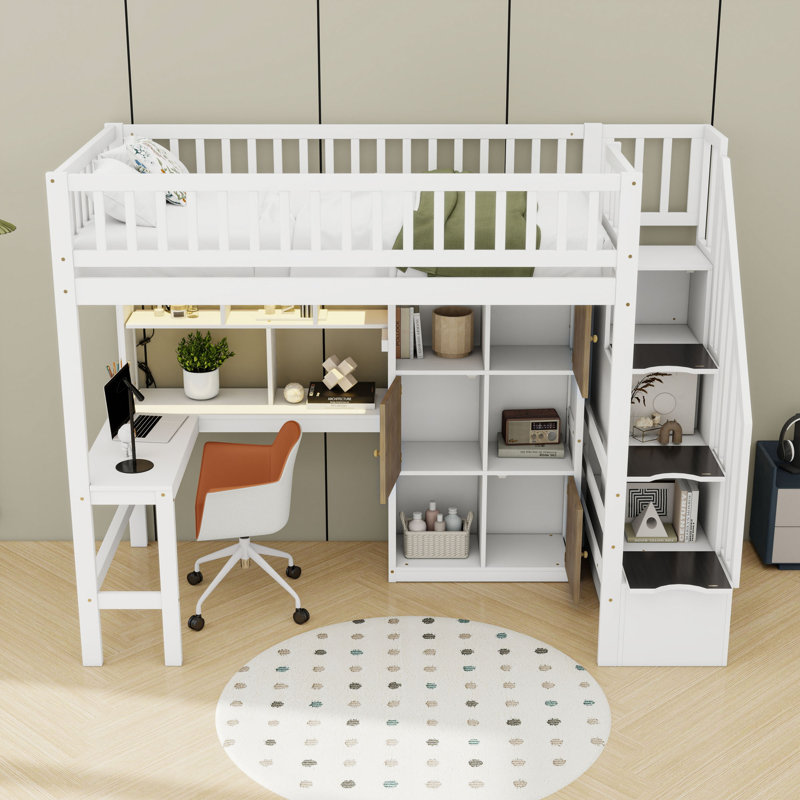 Lit mezzanine simple avec bureau, lumières DEL, tablettes de rangement et armoires, Blanc