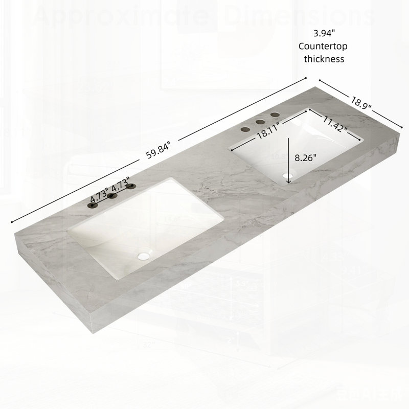 Durable Vein Sintered Stone Top with 2 Undermount Ceramic Basins, Pre-drilled Faucet Holes, No Cabinet, Ideal for Modern Bathrooms