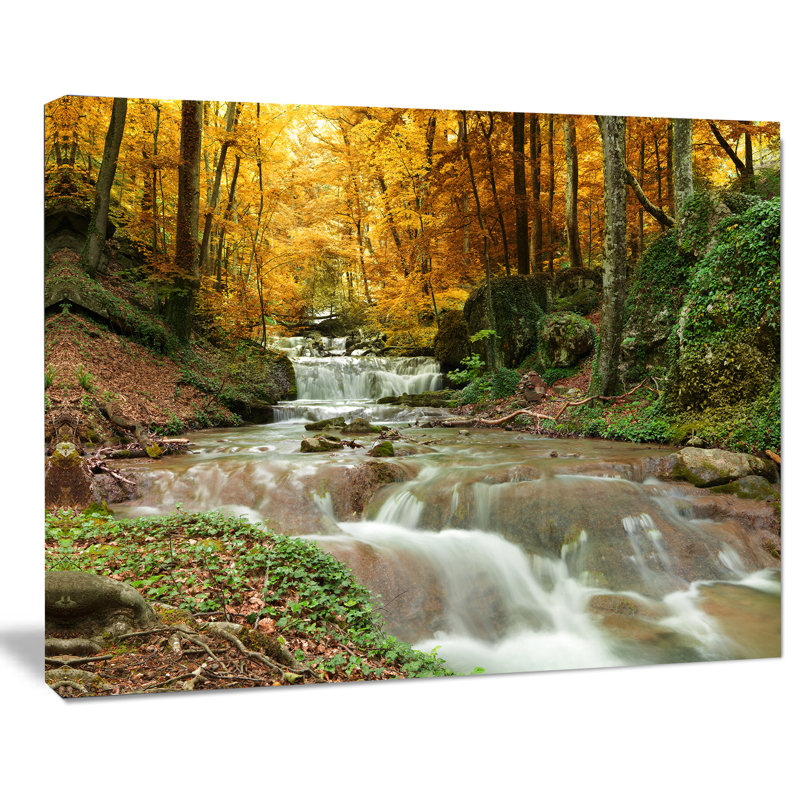 Large Yellow Trees Forest Waterfall Canvas Print