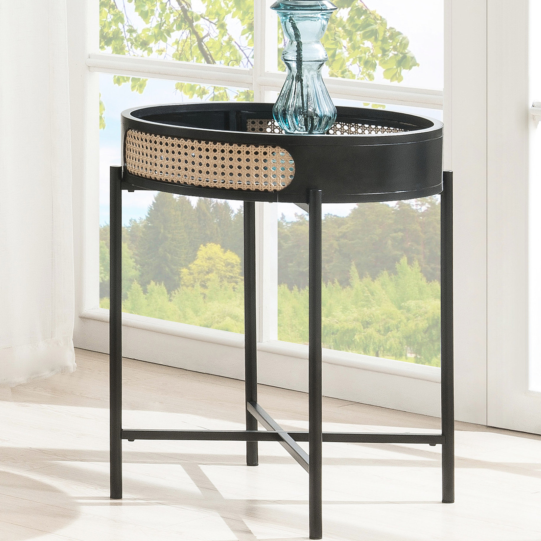 Red Barrel Studio® Black Round End Table Featuring Open Tabletop, Metal ...