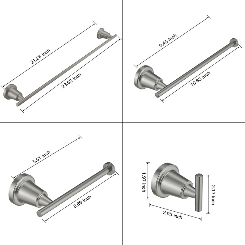 Brushed Nickel 4-Piece Bathroom Hardware Set with Towel Bar