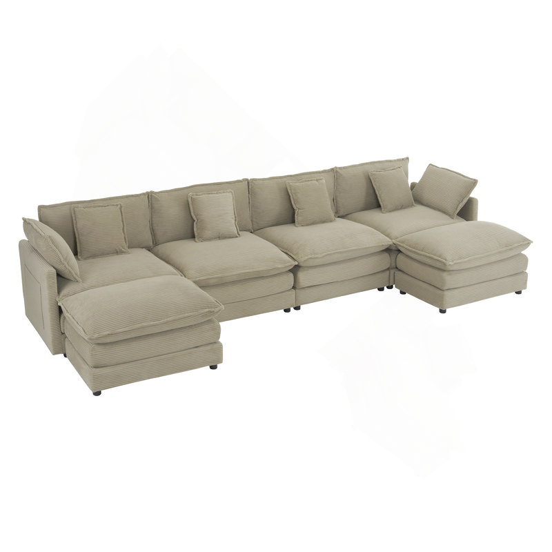 Alvin Modular U-Shaped Sectional Sofa with Side Storage Pockets, Brown Corduroy, 35.4" H x 149.6" W x 57.1" D