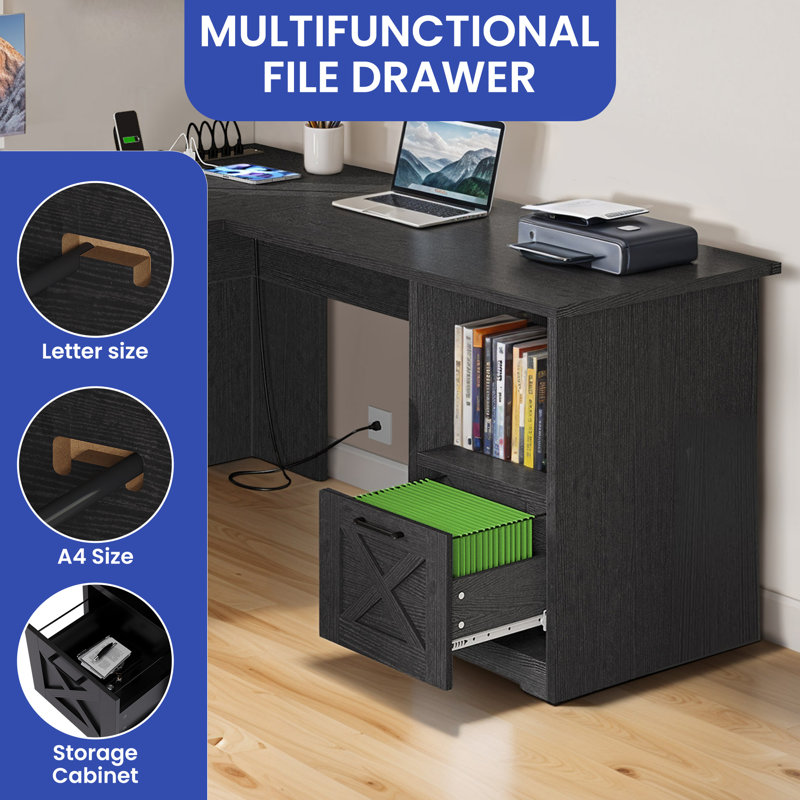 Aimaan L-Shaped Computer Desk with Power Outlet, Black