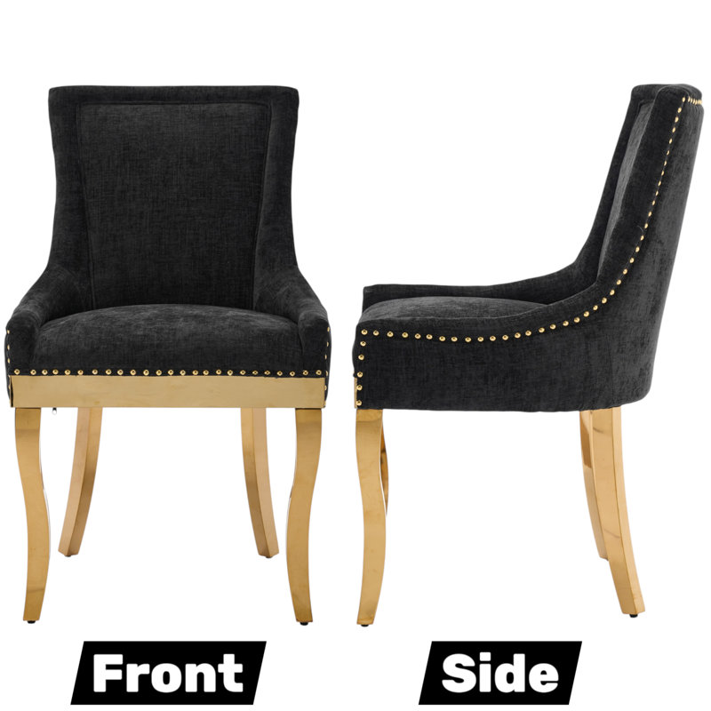 Thickened Fabric Upholstered Wooden Nailhead Dining Chair, Black, 2, Gold