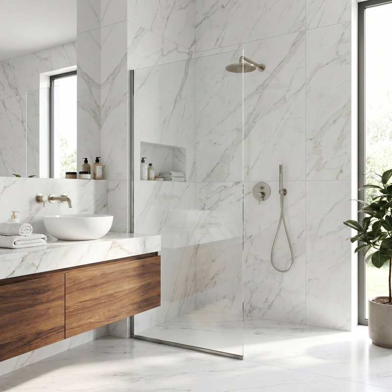 Zenith 34" W x 74" H Fixed Frameless Shower Screen with 3/8" Glass, Stainless Steel Clear