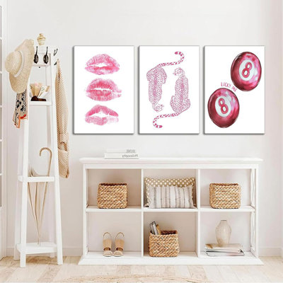 3Pcs Trendy Pink Leopard Canvas Wall Art Funky Retro Fashion Cheetah Kiss Lips Lucky 8 Ball Aesthetic Painting Pictures Wall Decor Poster Prints Artwork For Dorm Living Room Bedroom