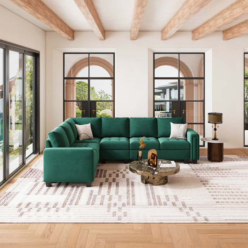 Canapé modulaire en L 5 pièces Shavera, Velours vert