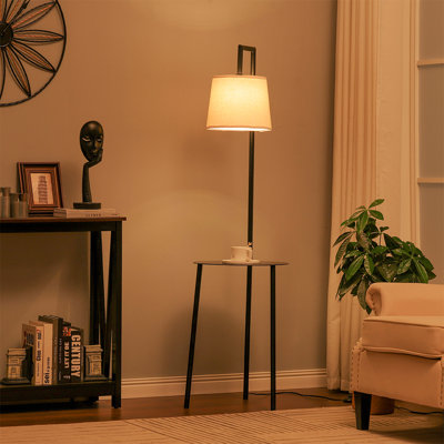 Abhirami 150cm Black Metal Tray Table Floor Lamp  with Linen Lampshade