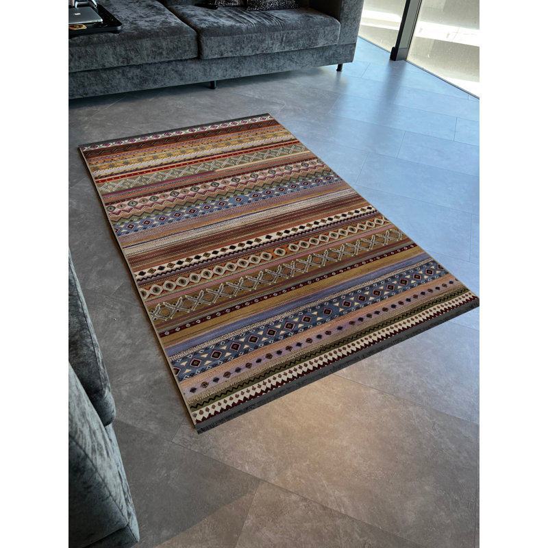 Dark-Toned Multi-Colored Stripe Section Mixed Geometric Shape Patterned Modern Decorative Rug, Rectangle 4'11.06" x 7'6.55"