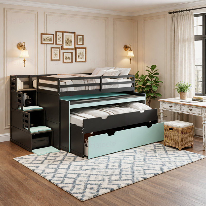 Lit double mezzanine double avec bureau coulissant et lit gigogne simple, lit superposé multifonctionnel avec 2 tiroirs de rangement et marches de rangement, jeu de lit et poste de travail peu encombrant