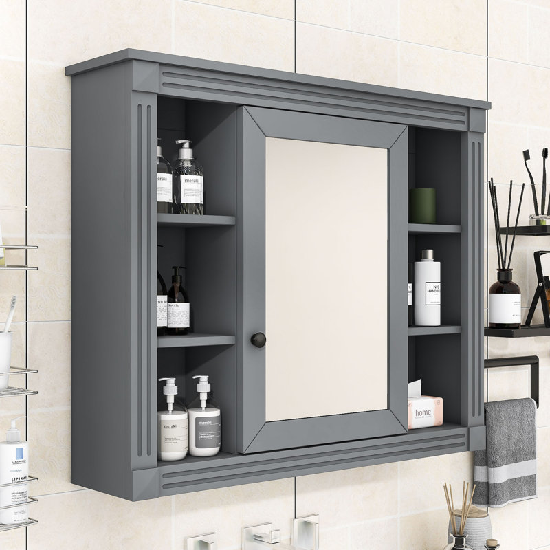 Yavonda Modern Wall Mounted Bathroom Storage Cabinet with Mirror and 6 Open Shelves, Gray