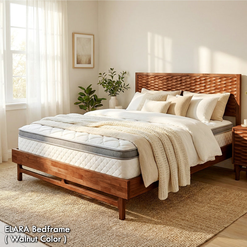 Elara Solid Wood King Walnut Platform Bed Frame with Sculpted Spearhead Headboard – Mid-Century Modern Style, 800 lbs Capacity, No Box Spring Needed, Bedroom Furniture
