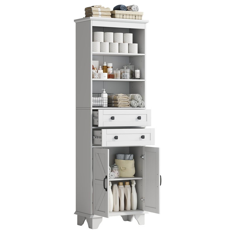  72''H Freestanding Bathroom Cabinet Wood Bathroom Storage Cabinet With 3 Adjustable Shelves & 2 Drawers, White