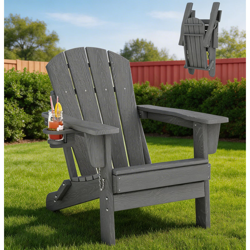 Folding Adirondack Chair, with Cup Holder, Gray