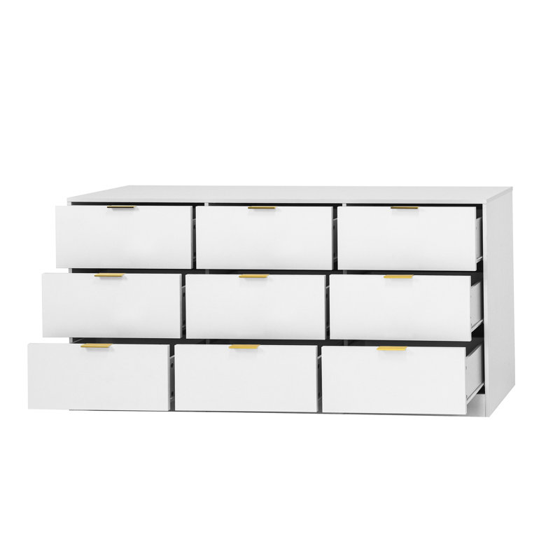 Commode blanche 9 tiroirs, grande commode profonde de 63 po, commode en bois avec 9 tiroirs pour la chambre à coucher, commodes longues pour le salon, couloir
